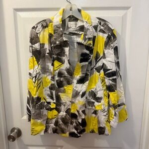 Erin London Women's Large Artsy Abstract Jacket Blazer Yellow Grey‎ Zip Front